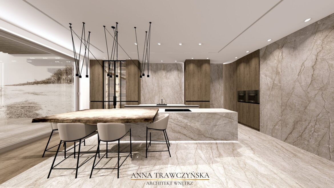 Ponadczasowe wnętrza kuchni z dodatkiem drewna wielkoformatowych płytek